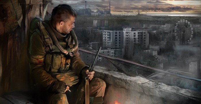 Stalker from Call of Pripyat sitting on ruins