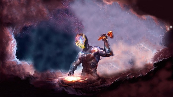 Cosmic being forging a nebula with a hammer