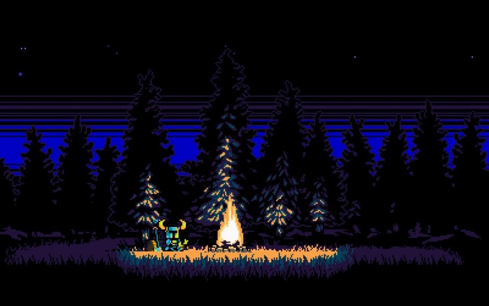 Shovel Knight by a campfire in a pixel art forest at night