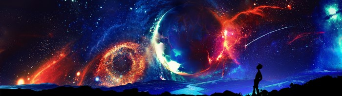 Cosmic landscape with planets and nebulae