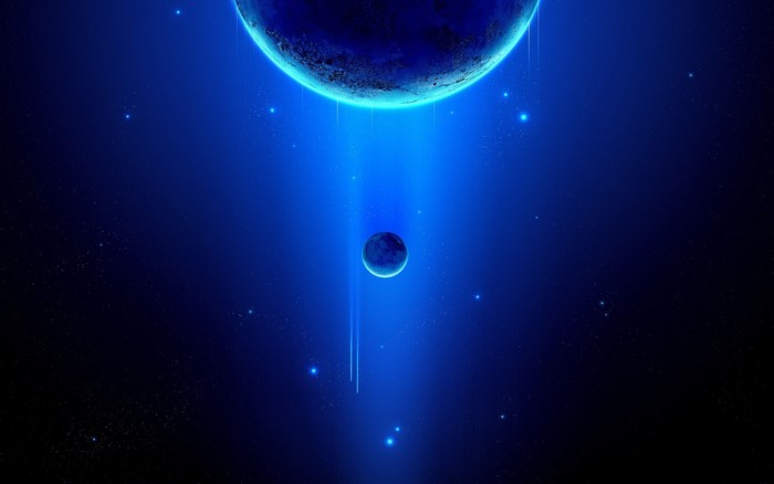 Blue planet and moon in deep space with stars