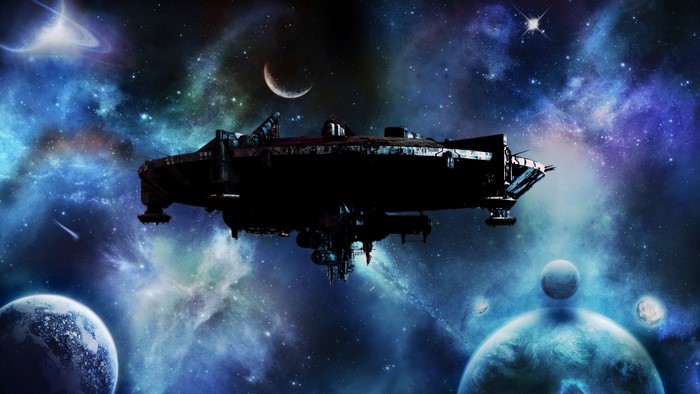 Spaceship in a colorful nebula with planets