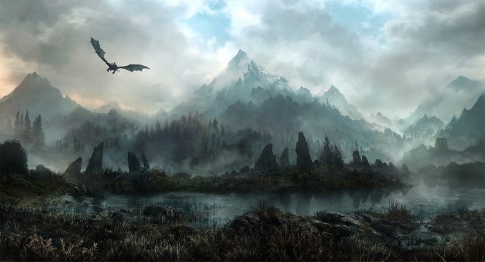 Dragon flying over mountains in The Elder Scrolls V Skyrim