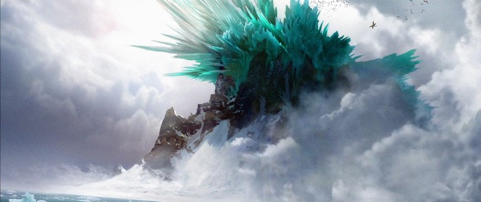 Concept art of a mountain with crystal formations from How to Train Your Dragon 2