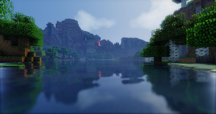 Minecraft lake with mountains and lava