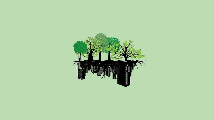 Trees growing from an inverted city