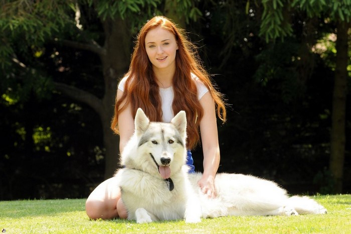 Sophie Turner with a husky dog