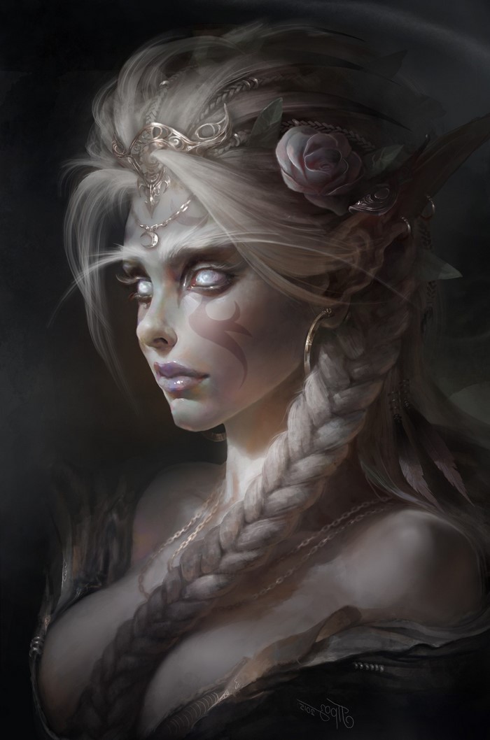 Fantasy elf with white eyes and braided hair