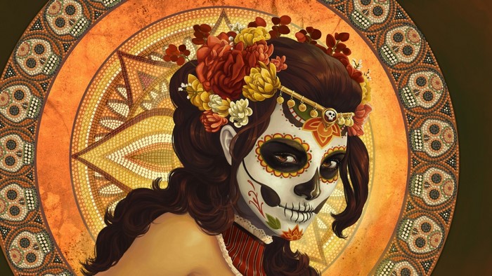 Sugar Skull Woman with Floral Headdress and Mosaic Background