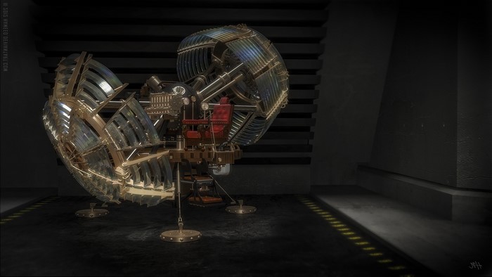 Steampunk time machine with glass panels