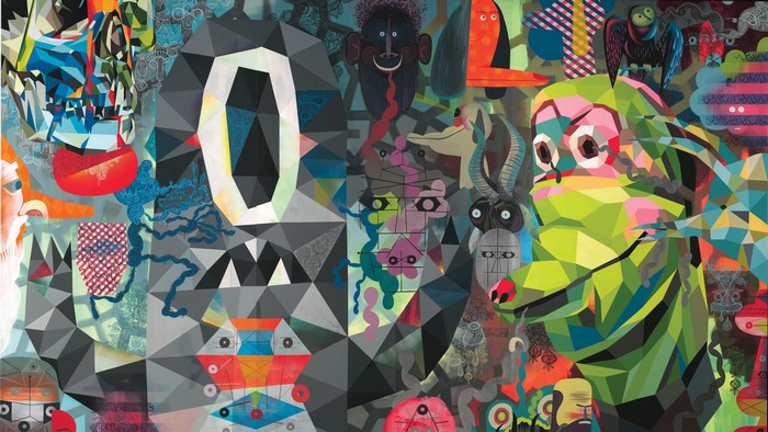 Abstract low poly geometric artwork with animal and bird motifs