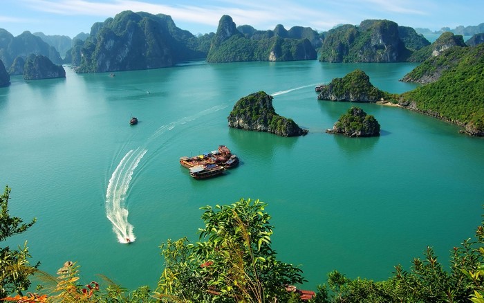 Ha Long Bay, Vietnam with boats and limestone karsts