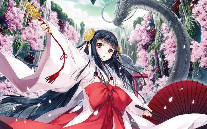 Anime Miko with Dragon and Cherry Blossoms
