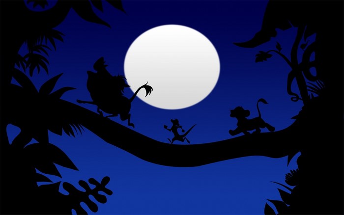 Simba, Timon, and Pumbaa from The Lion King under the moon