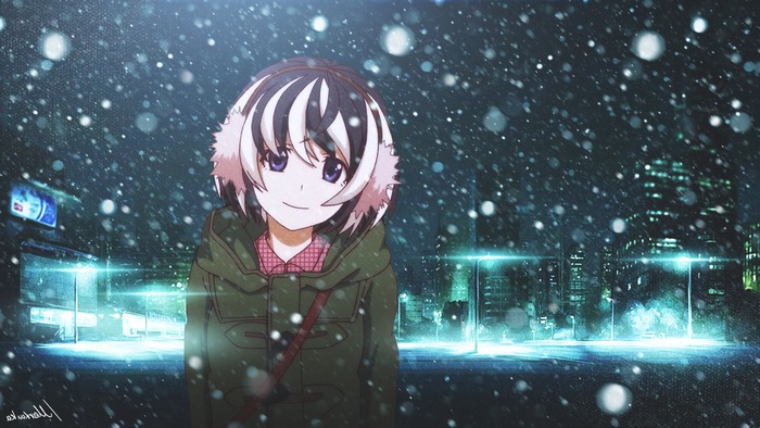 Tsubasa Hanekawa from Monogatari Series in winter city