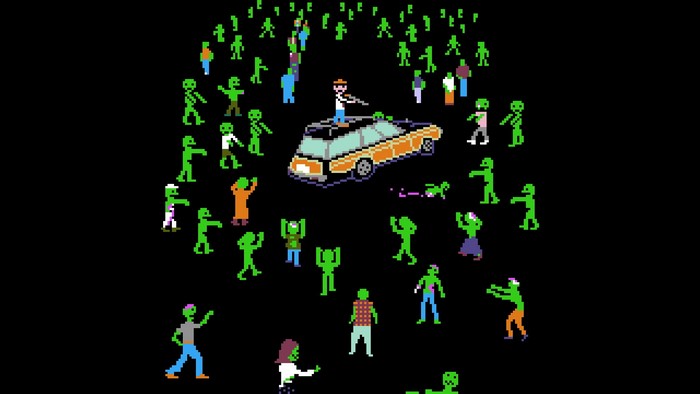 Man with gun on car surrounded by zombies
