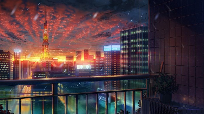 Anime cityscape with Tokyo Tower replica at sunset with snow