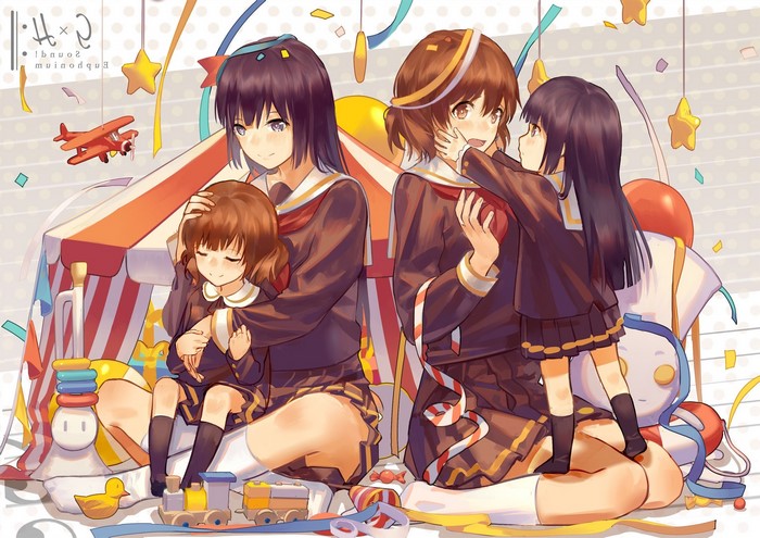 Anime girls in school uniforms with toys