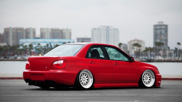 Red Subaru Impreza Stance Car in Long Beach