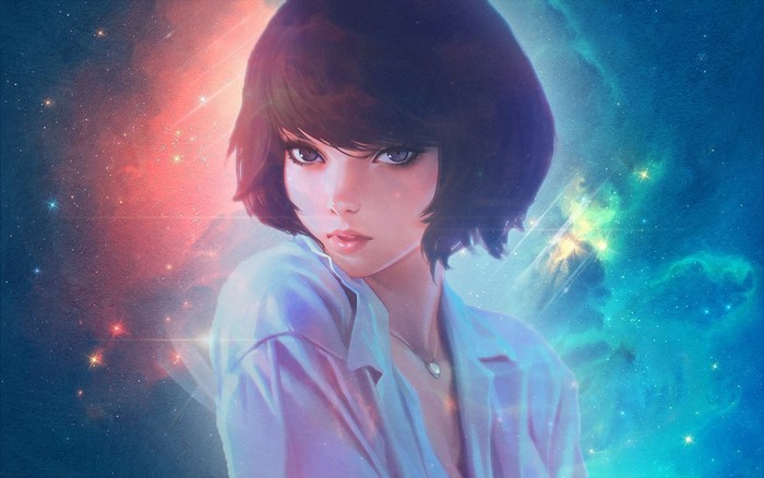 Anime girl with short hair in a galaxy