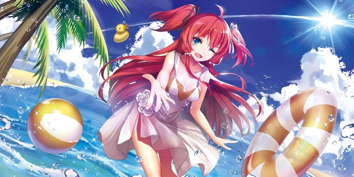 Anime girl with red hair at the beach