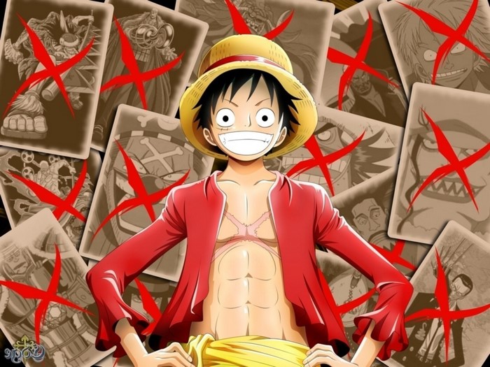 Monkey D. Luffy from One Piece with crossed-out bounty posters
