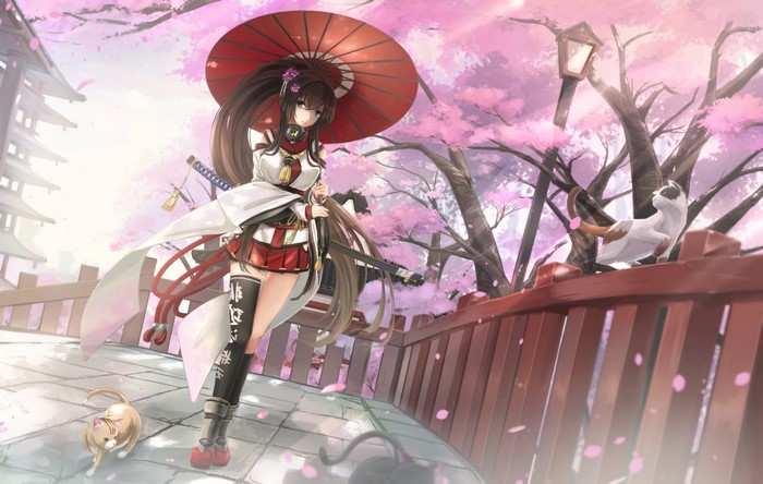 Yamato from Kantai Collection with cats and cherry blossoms