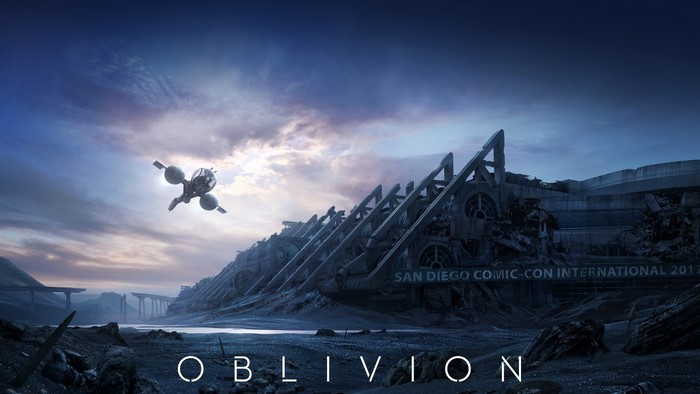 Oblivion movie poster with drone and ruins