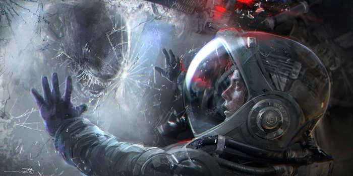 Astronaut faces Xenomorph through cracked glass