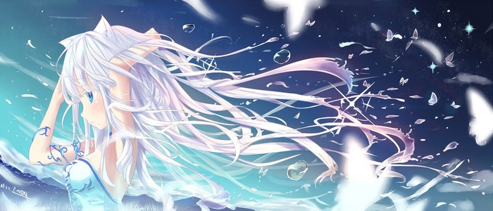 Anime girl with white hair and cat ears in water