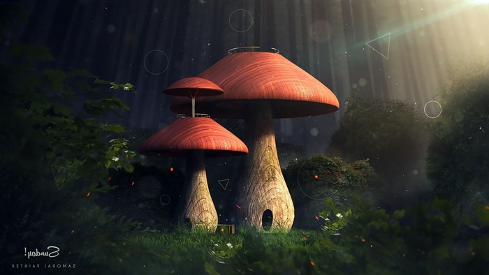 Fantasy forest with giant mushrooms and sun rays