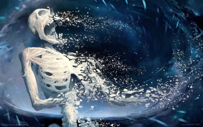 Skeleton dissolving into particles in a dark vortex