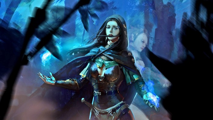 Fantasy art of a warrior woman with a hood