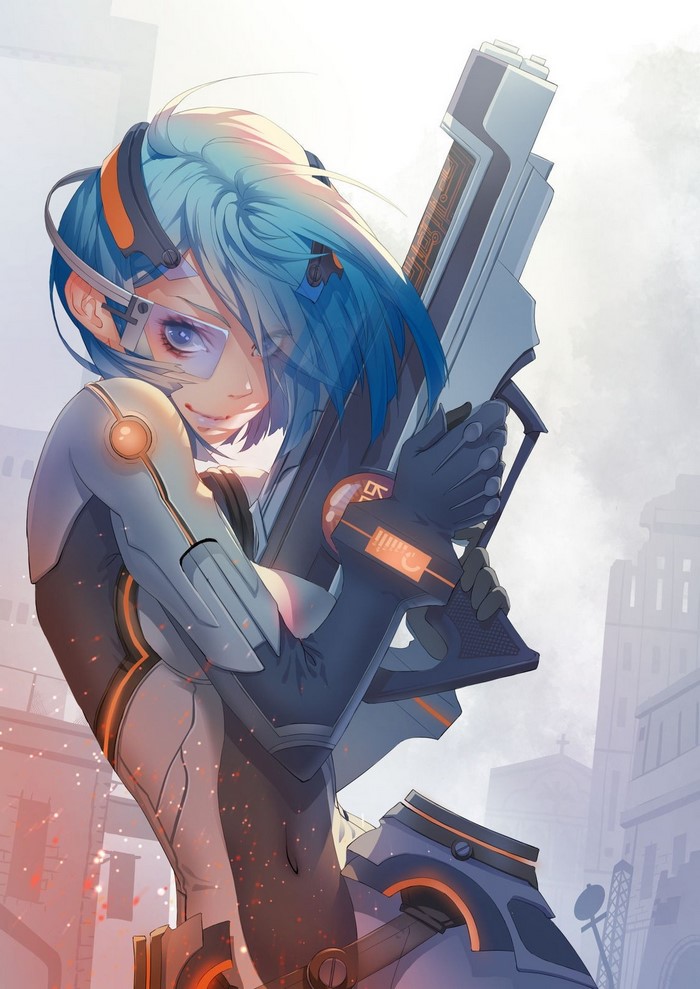 Futuristic Anime Girl with Blue Hair and Rifle
