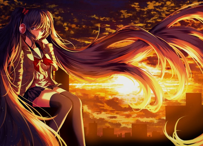 Anime girl with twintails and headphones at sunset