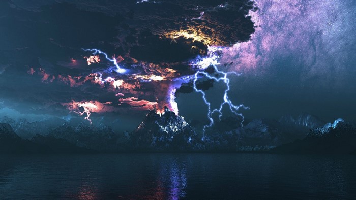 Lightning Strikes Over Volcanic Mountain at Night