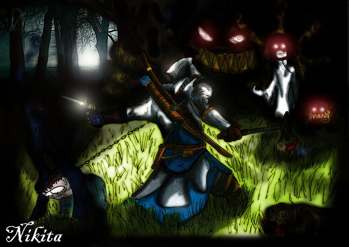 Fantasy warrior fighting evil spirits in a dark forest