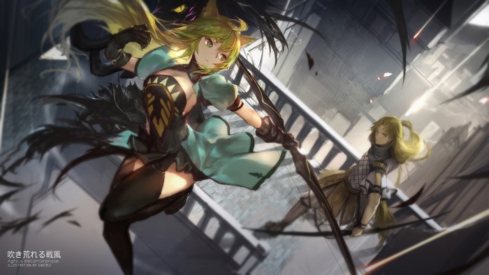 Anime girls with animal ears fighting with bows