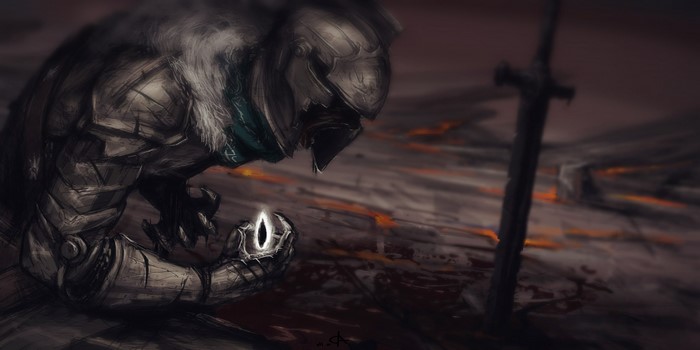 Knight holding a glowing item in Dark Souls