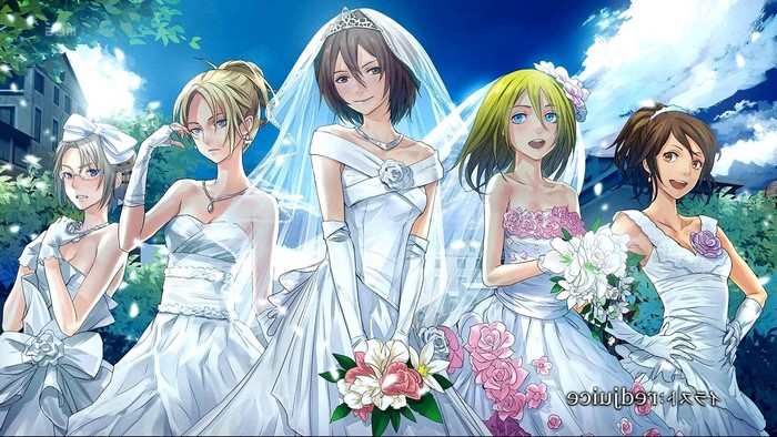 Mikasa Ackerman and friends from Attack on Titan in wedding dresses
