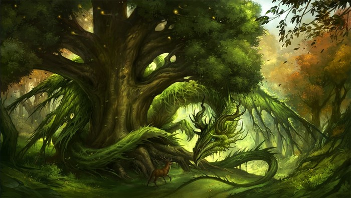 Fantasy forest with a dragon and a deer