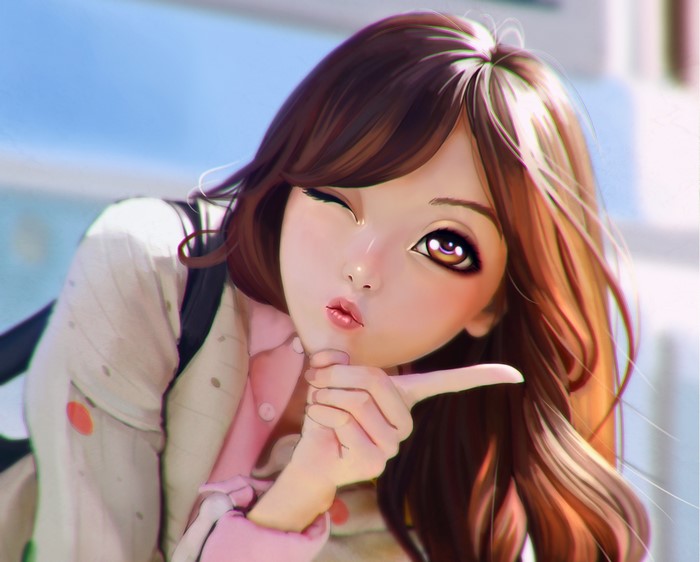 Anime girl winking with hand near lips