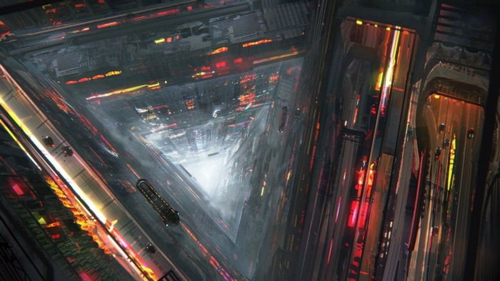 Futuristic city with triangular architecture and glowing lights