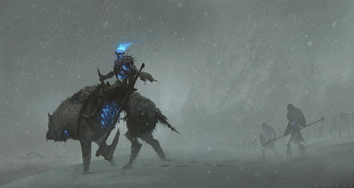 Undead knight riding a beast in a snowy landscape