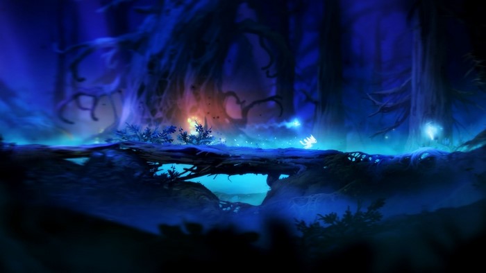 Ori from Ori and the Blind Forest in a dark forest