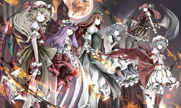 Touhou Project characters in front of a large building and moon