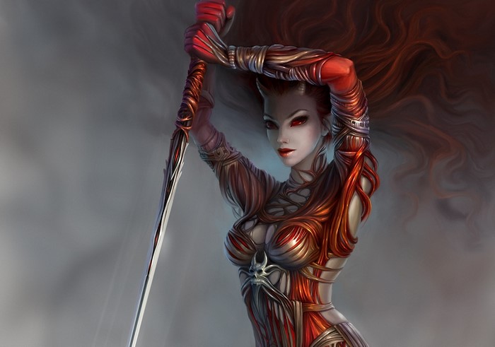 Fantasy art demon with red eyes and sword