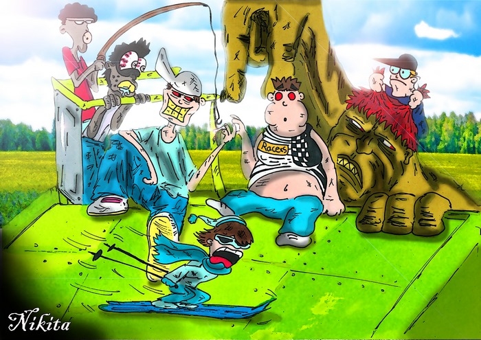 Cartoon characters fishing and skiing
