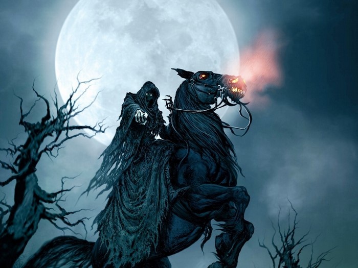 Grim Reaper on a Black Horse Under the Moon