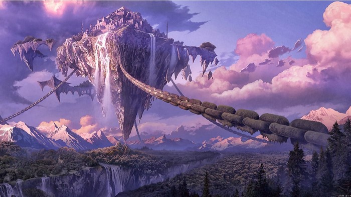 Fantasy floating island with castle and chains